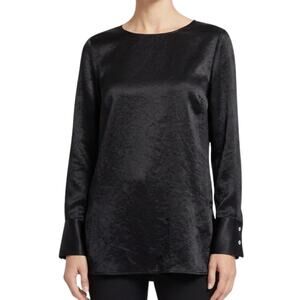 Theory Black Emry Satin Round Neck Button Long Sleeve Blouse Top size S NEW Tags